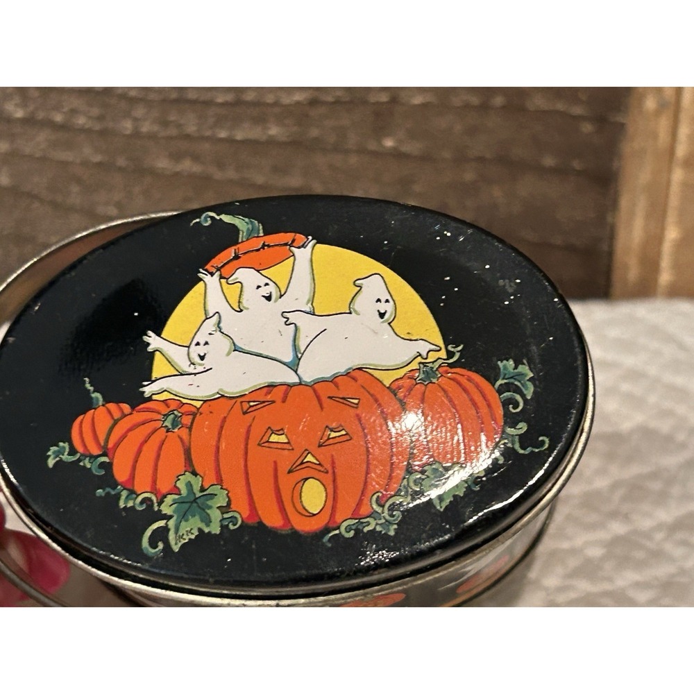 Vintage Keller Charles Philadelphia Mini Halloween Tin Box Handle Ghost Pumpkin